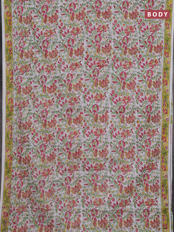 Jaipur cotton saree off white and yellow with allover floral prints and printed border
