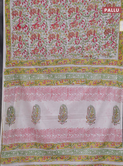 Jaipur cotton saree off white and yellow with allover floral prints and printed border