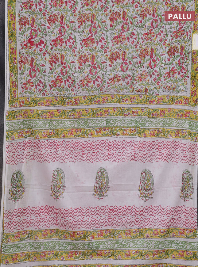 Jaipur cotton saree off white and yellow with allover floral prints and printed border