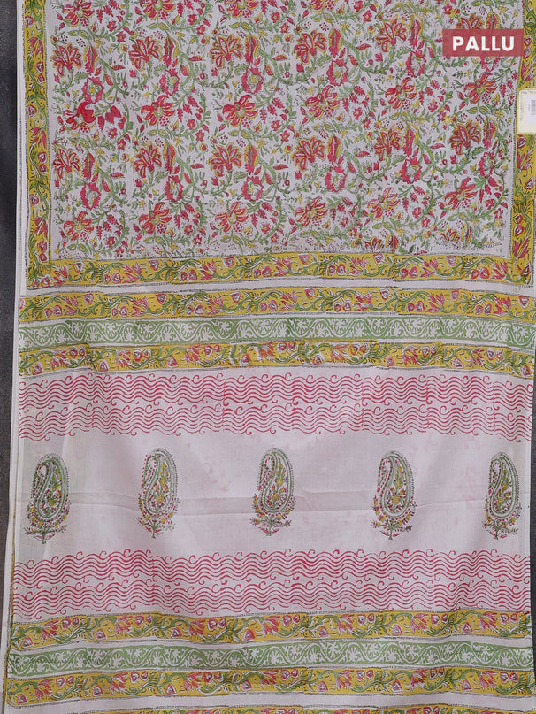 Jaipur cotton saree off white and yellow with allover floral prints and printed border