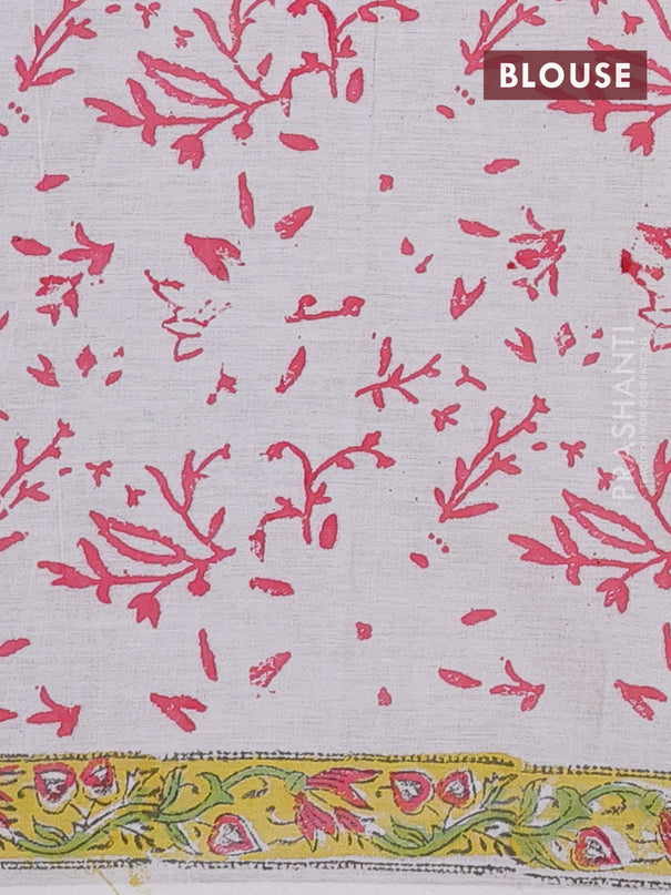 Jaipur cotton saree off white and yellow with allover floral prints and printed border