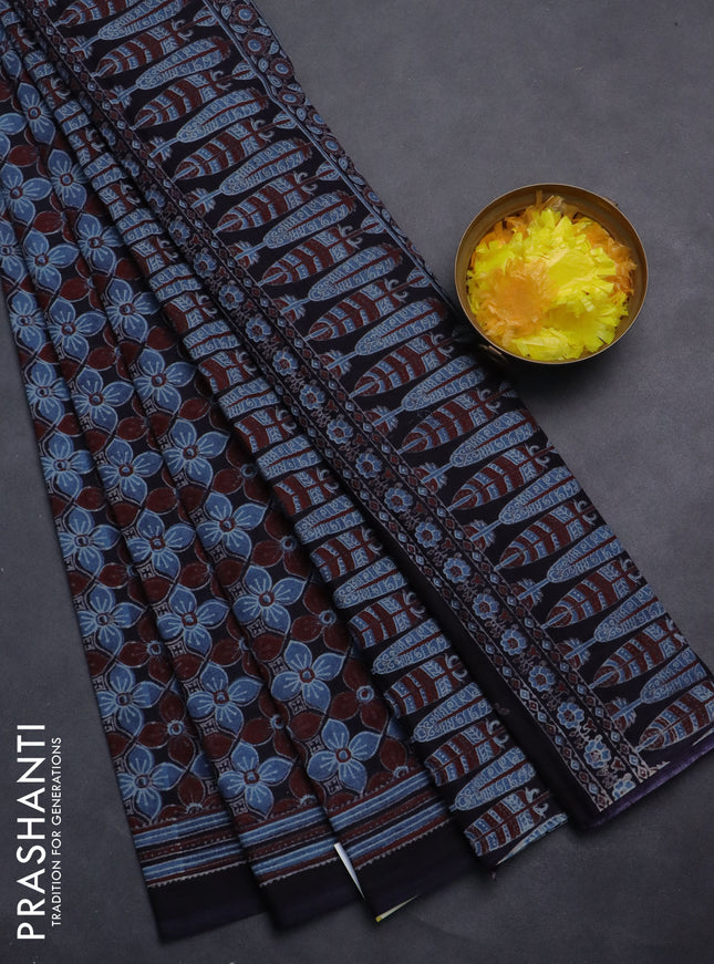 Jaipur cotton saree navy blue and maroon blue with allover floral prints and printed border