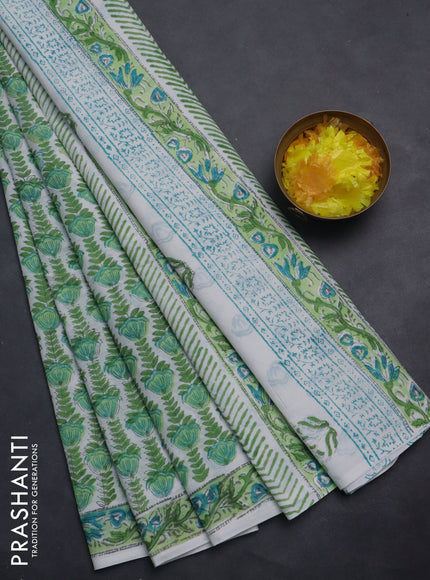 Jaipur cotton saree off white and green with allover floral prints and printed border