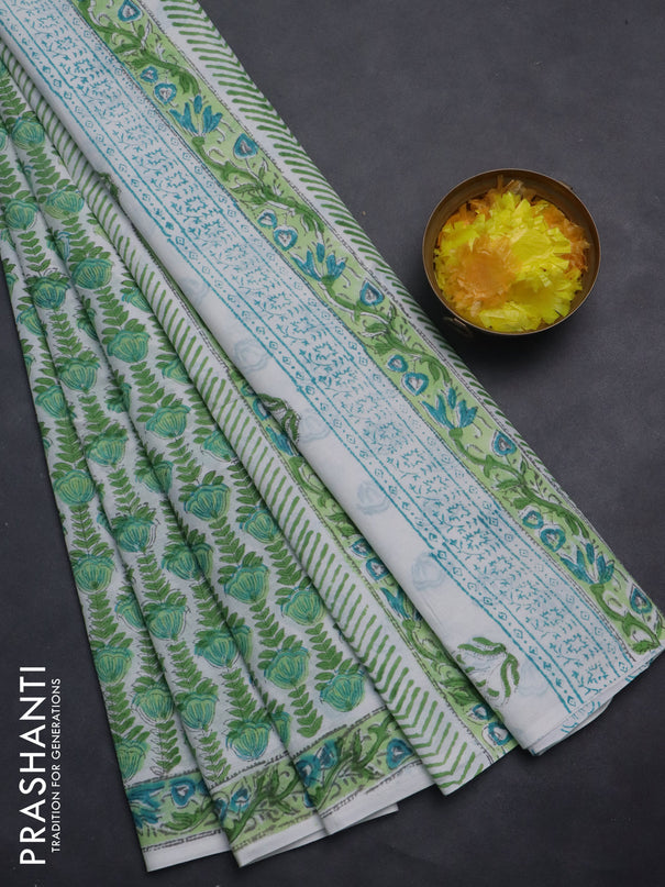 Jaipur cotton saree off white and green with allover floral prints and printed border