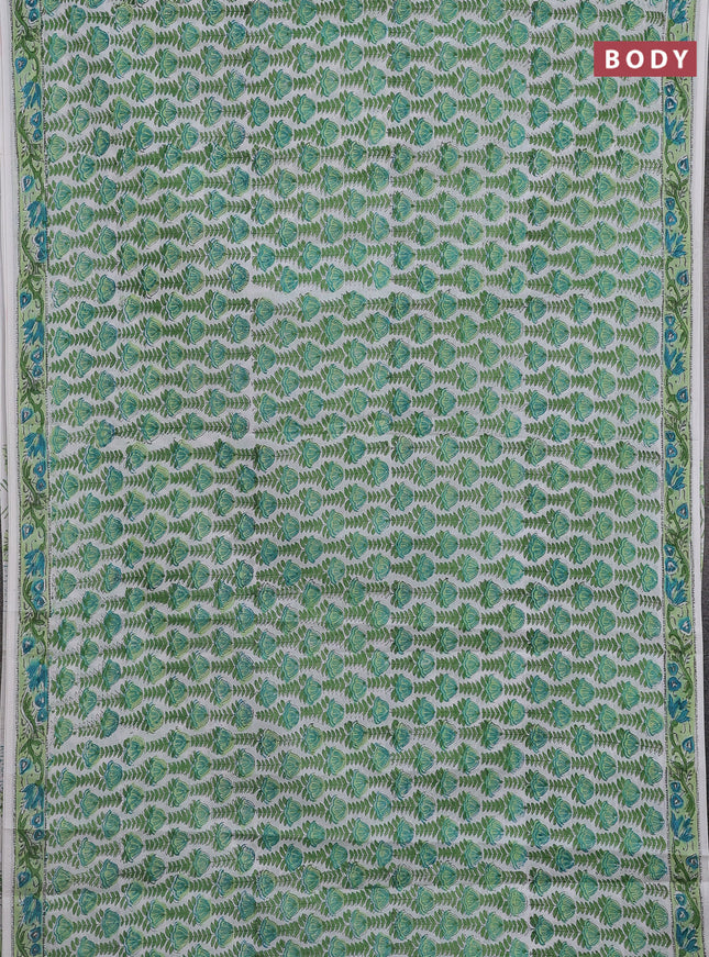 Jaipur cotton saree off white and green with allover floral prints and printed border