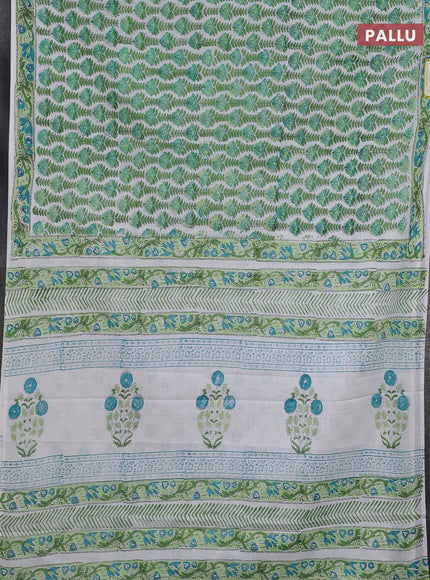 Jaipur cotton saree off white and green with allover floral prints and printed border