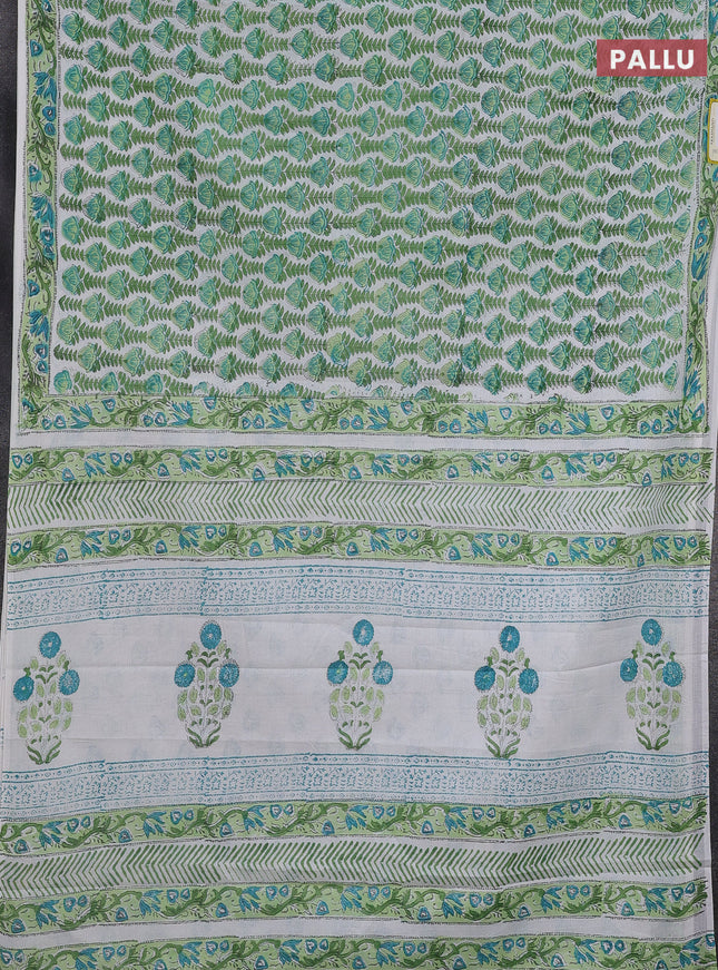 Jaipur cotton saree off white and green with allover floral prints and printed border