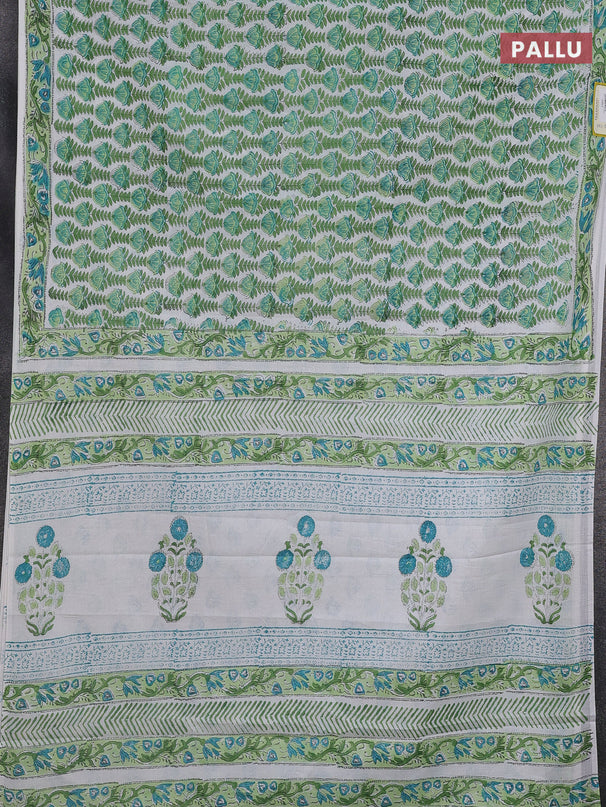 Jaipur cotton saree off white and green with allover floral prints and printed border