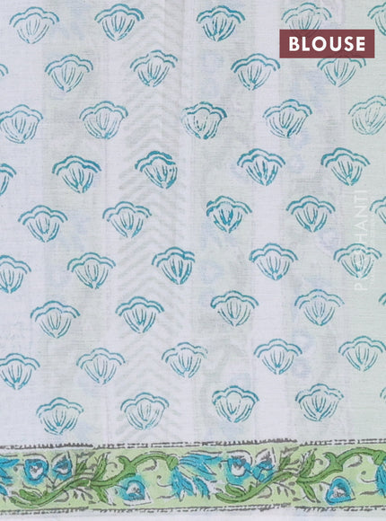 Jaipur cotton saree off white and green with allover floral prints and printed border