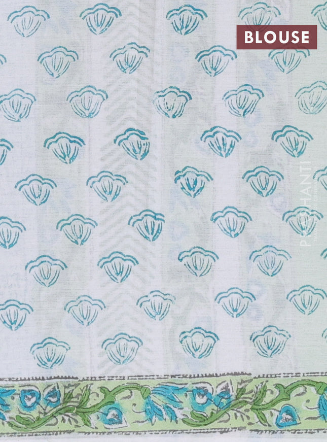 Jaipur cotton saree off white and green with allover floral prints and printed border