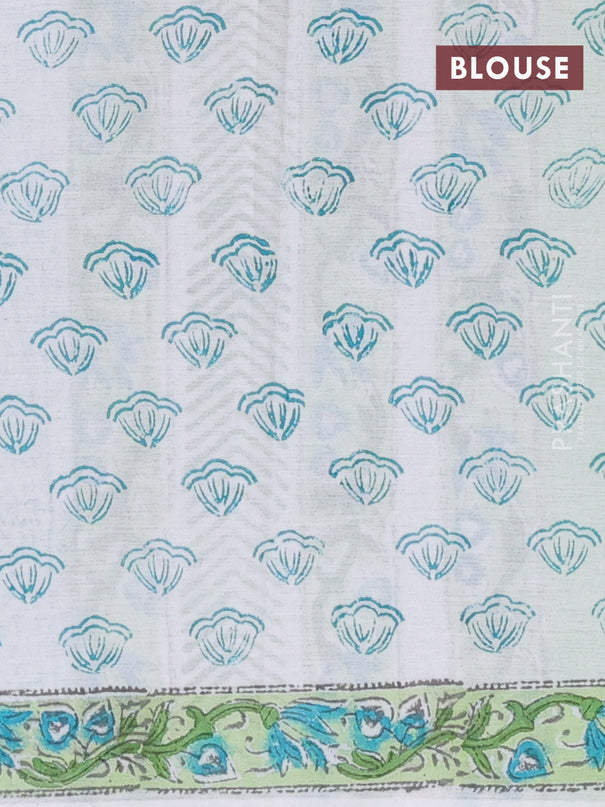 Jaipur cotton saree off white and green with allover floral prints and printed border