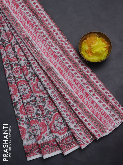 Jaipur cotton saree off white and pink with allover floral prints and printed border