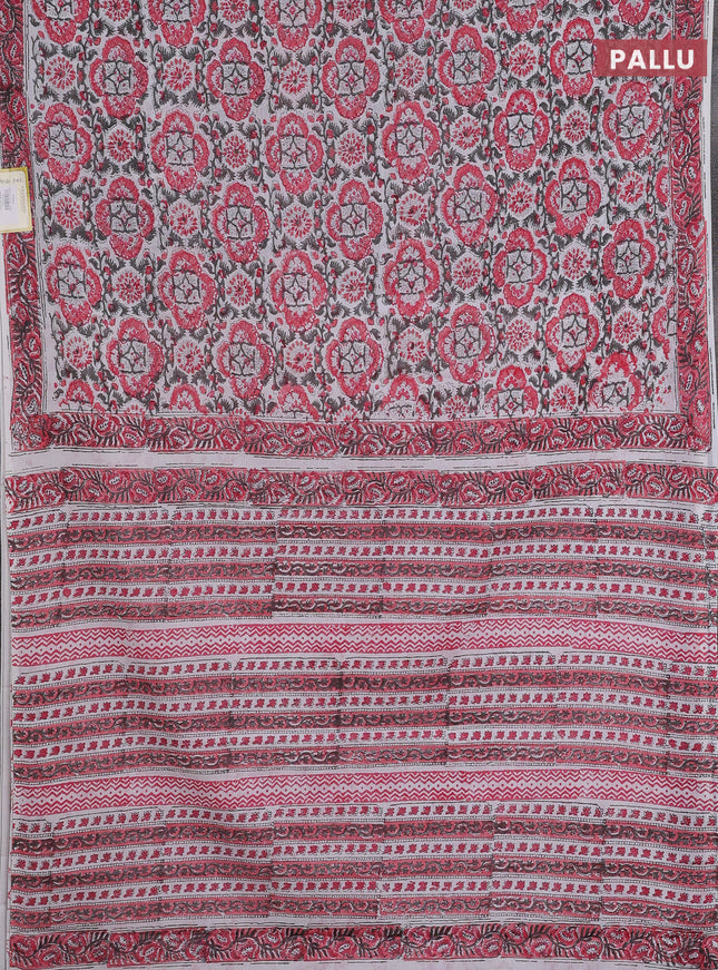 Jaipur cotton saree off white and pink with allover floral prints and printed border