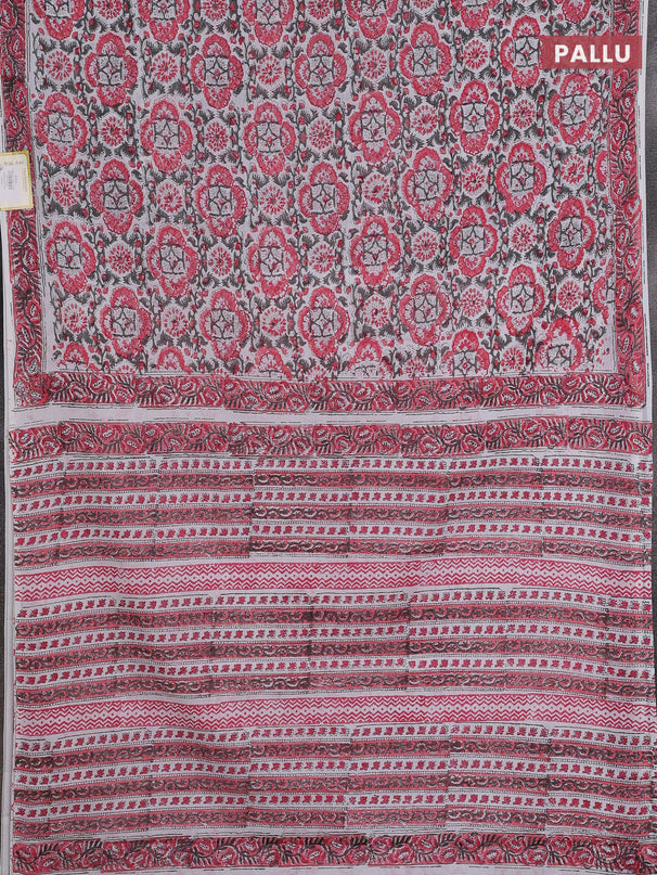 Jaipur cotton saree off white and pink with allover floral prints and printed border