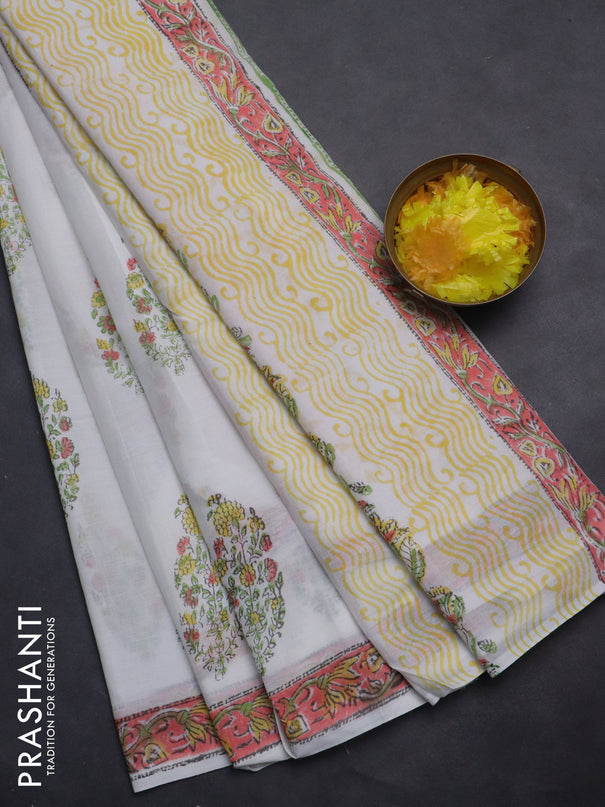 Jaipur cotton saree off white and peach orange with floral butta prints and printed border