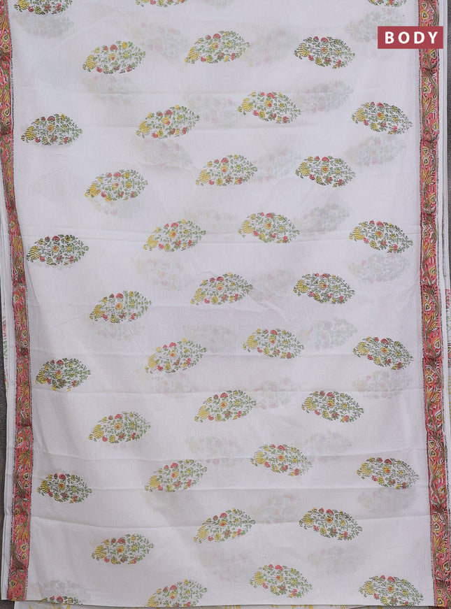 Jaipur cotton saree off white and peach orange with floral butta prints and printed border