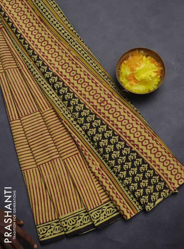 Jaipur cotton saree yellow and black with allover stripes pattern and printed border