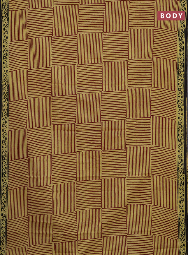 Jaipur cotton saree yellow and black with allover stripes pattern and printed border