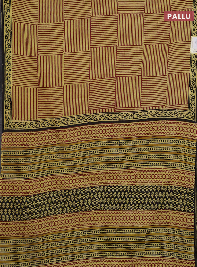 Jaipur cotton saree yellow and black with allover stripes pattern and printed border