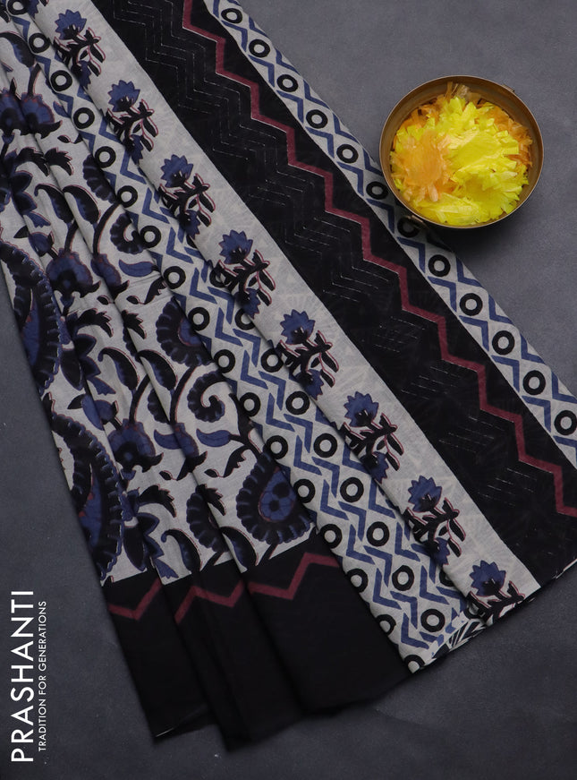 Jaipur cotton saree beige and black with allover prints and simple border