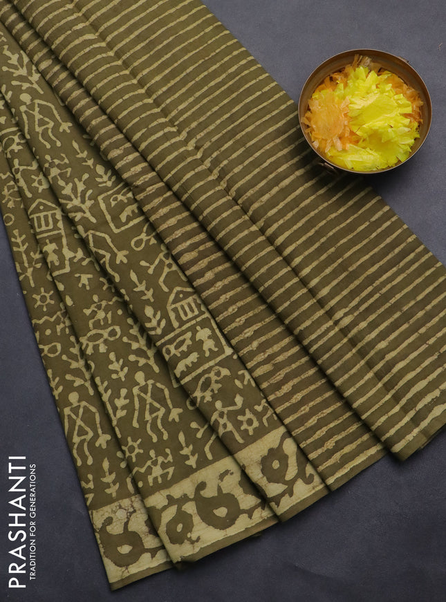 Jaipur cotton saree mehendi green with allover warli prints and printed border