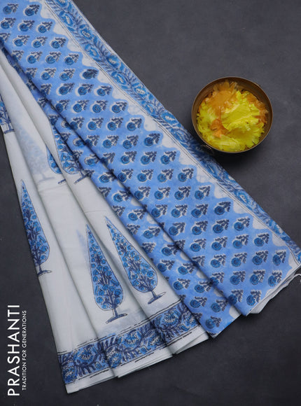 Jaipur cotton saree off white and blue with butta prints and printed border