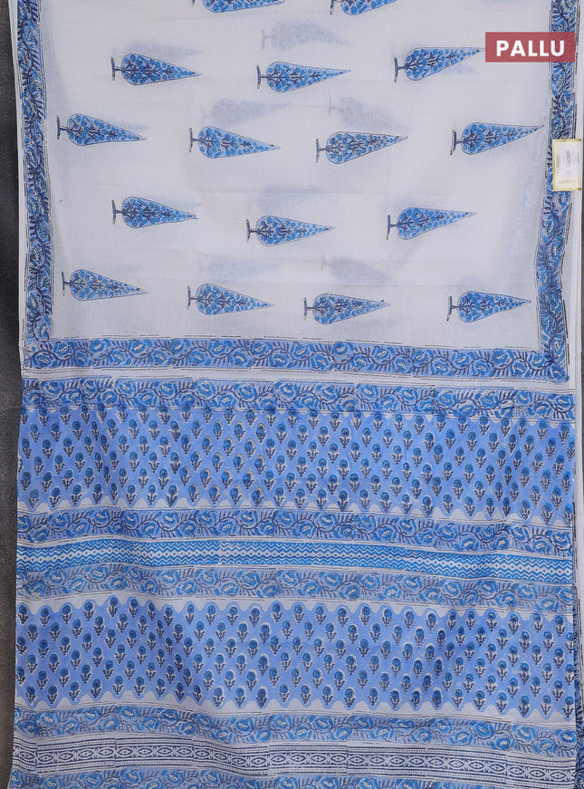 Jaipur cotton saree off white and blue with butta prints and printed border