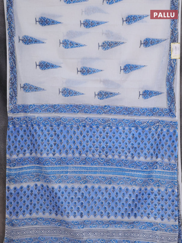 Jaipur cotton saree off white and blue with butta prints and printed border