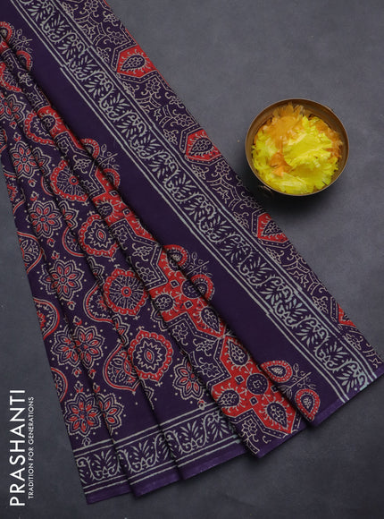 Jaipur cotton saree deep jamun with allover ajrakh prints and printed border