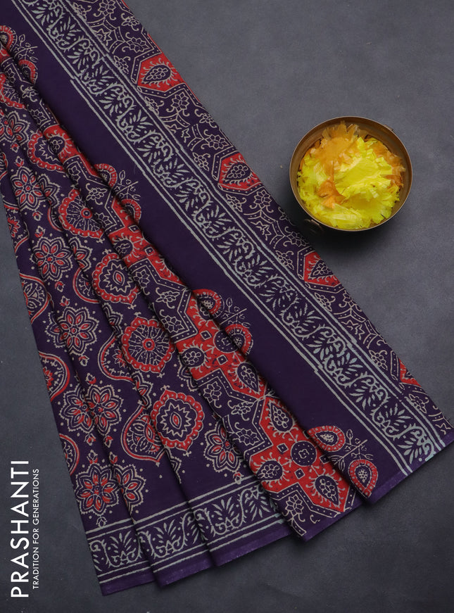 Jaipur cotton saree deep jamun with allover ajrakh prints and printed border