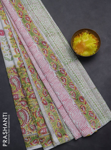 Jaipur cotton saree off white and yellow with allover prints and printed border