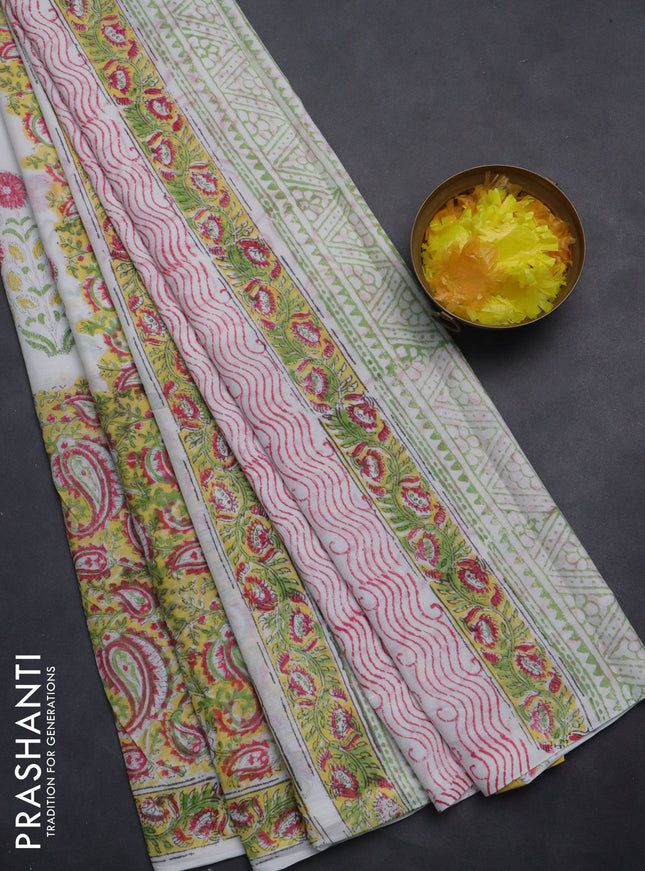 Jaipur cotton saree off white and yellow with allover prints and printed border