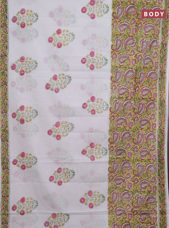 Jaipur cotton saree off white and yellow with allover prints and printed border