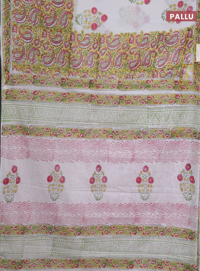 Jaipur cotton saree off white and yellow with allover prints and printed border