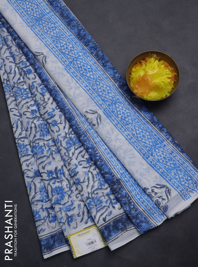 Jaipur cotton saree off white and blue with allover floral prints and printed border