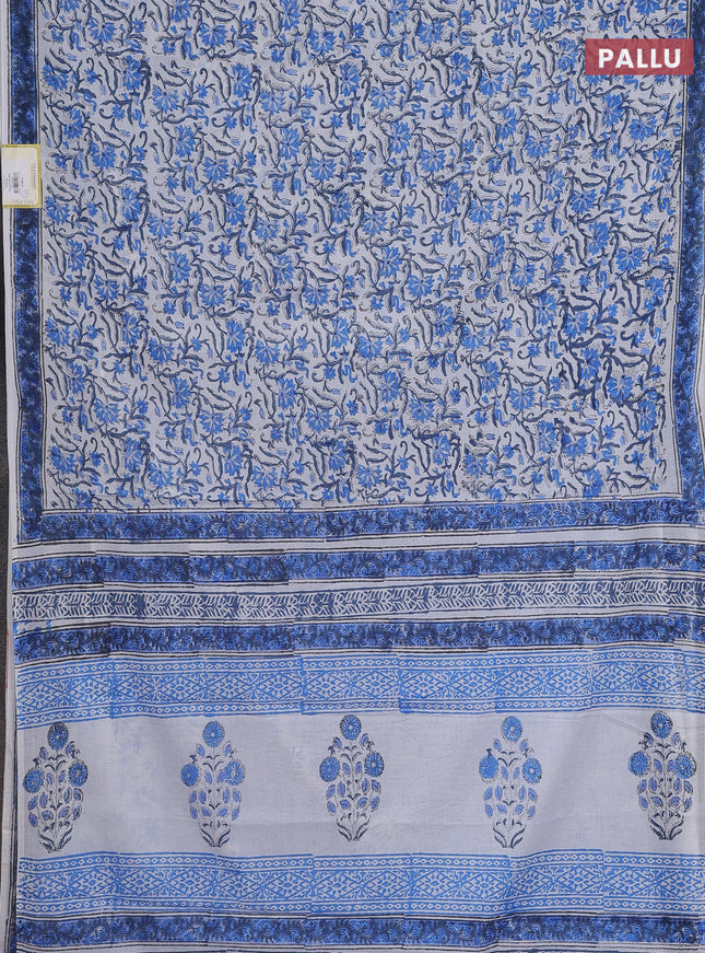 Jaipur cotton saree off white and blue with allover floral prints and printed border