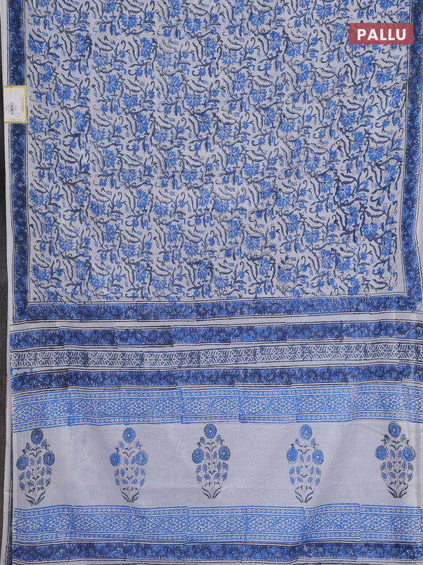 Jaipur cotton saree off white and blue with allover floral prints and printed border