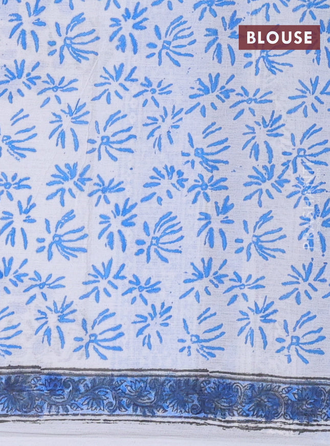 Jaipur cotton saree off white and blue with allover floral prints and printed border