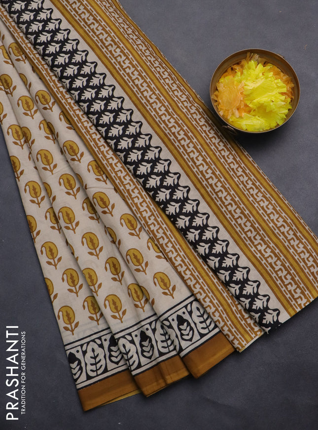 Jaipur cotton saree beige and dark mustard with paisley butta prints and printed border