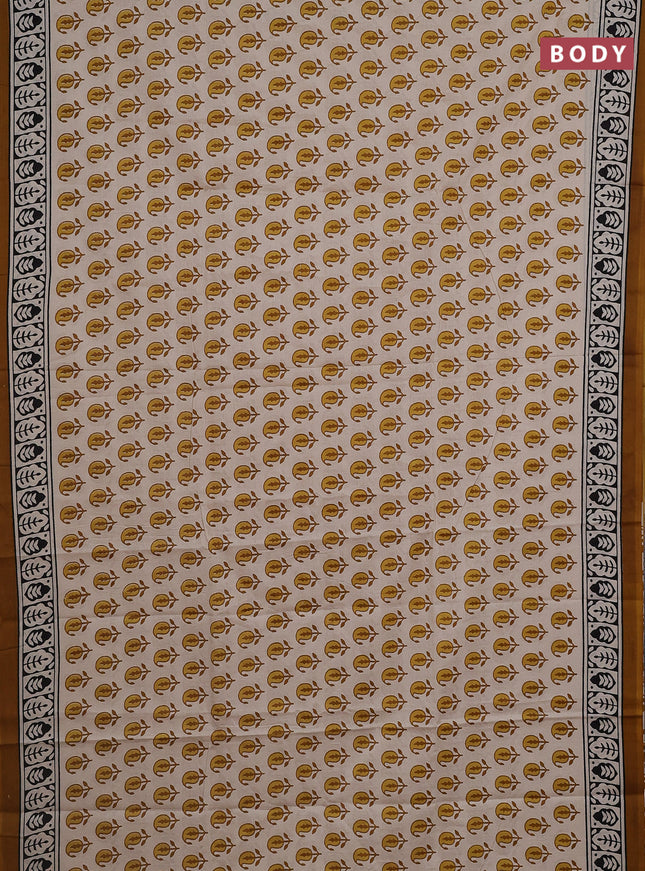 Jaipur cotton saree beige and dark mustard with paisley butta prints and printed border