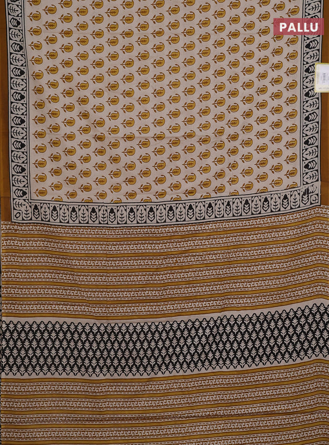 Jaipur cotton saree beige and dark mustard with paisley butta prints and printed border