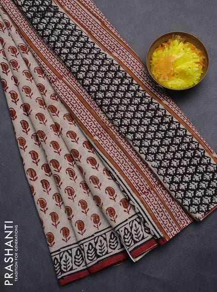 Jaipur cotton saree beige and maroon with paisley butta prints and printed border