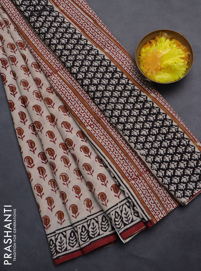 Jaipur cotton saree beige and maroon with paisley butta prints and printed border