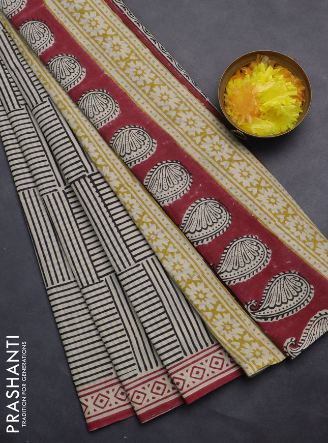 Jaipur cotton saree beige and maroon with allover stripes pattern and printed border