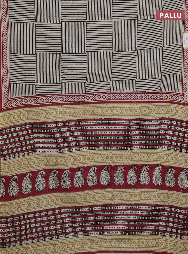 Jaipur cotton saree beige and maroon with allover stripes pattern and printed border