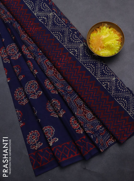 Jaipur cotton saree dark blue and red with floral butta prints and printed border