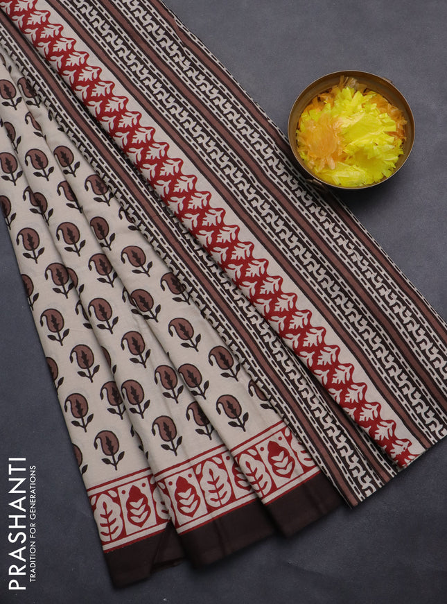 Jaipur cotton saree beige and brown with paisley butta prints and printed border