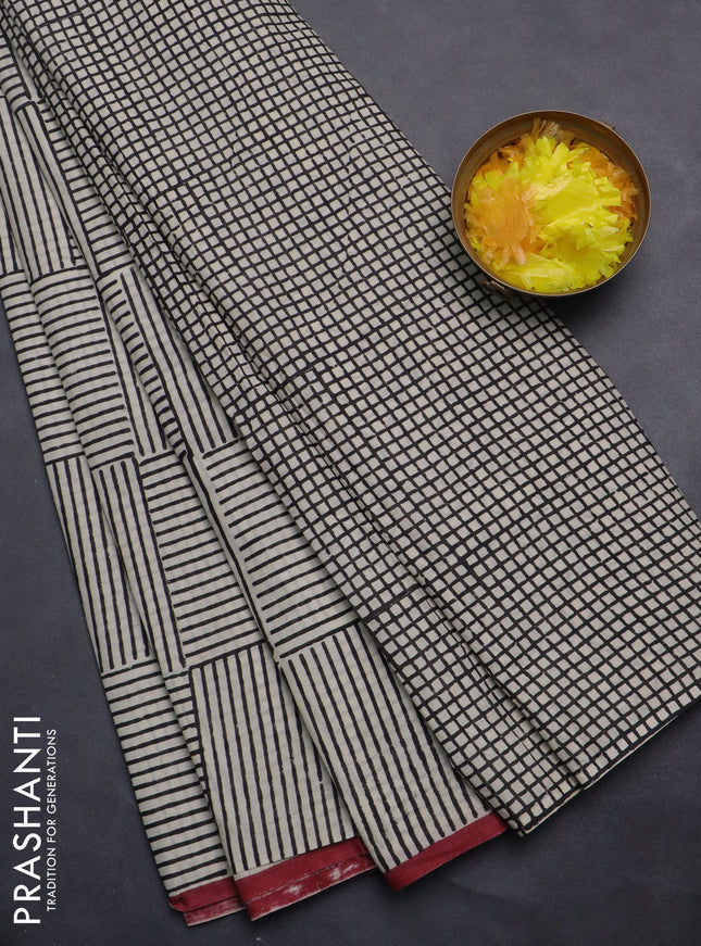 Jaipur cotton saree beige and maroon with allover stripes pattern and printed border