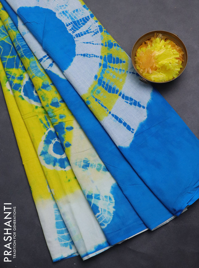 Jaipur cotton saree yellow and blue with allover batik prints in borderless style