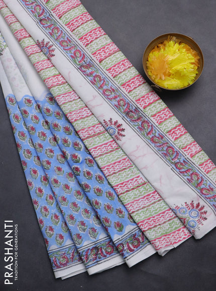 Jaipur cotton saree off white and blue with butta prints and printed border